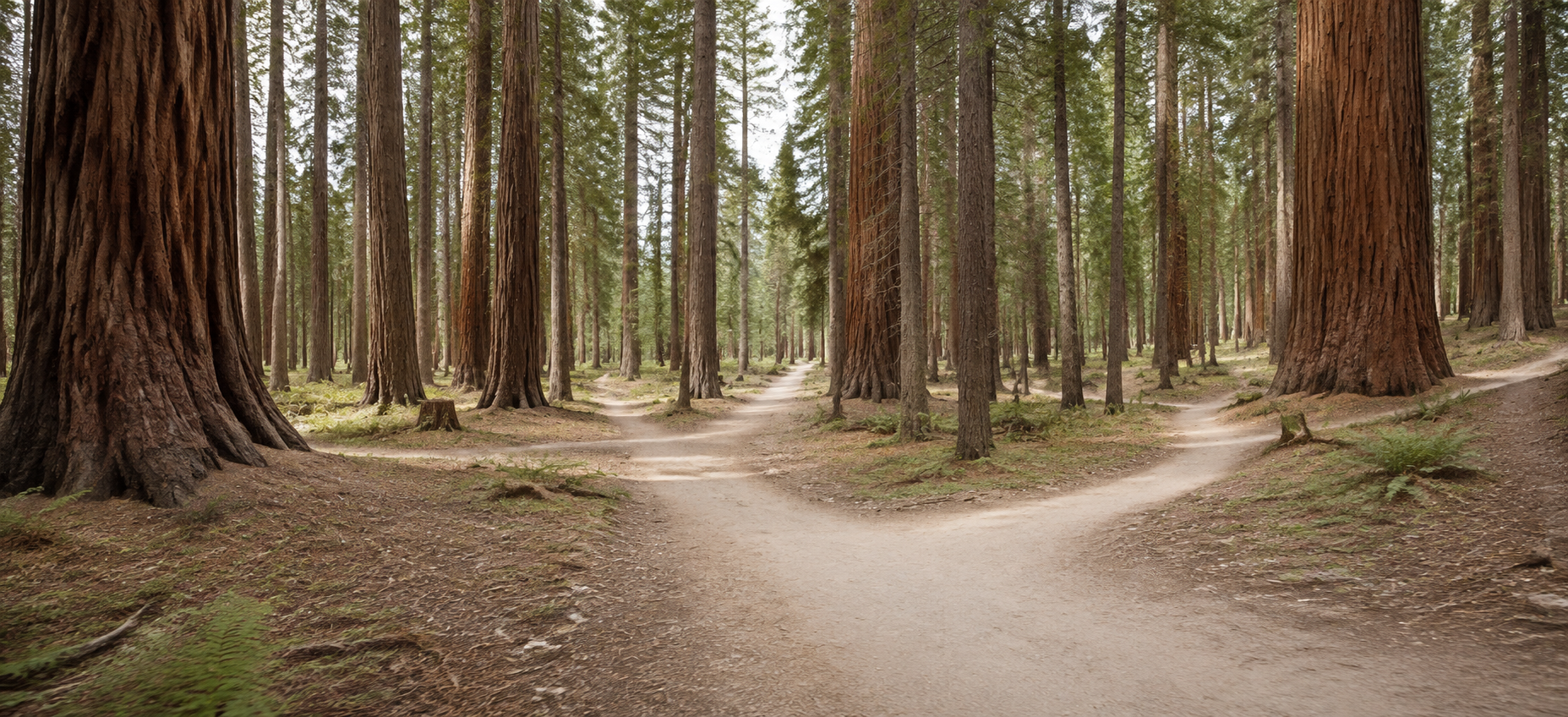 Bosque claro de secuoyas con caminos que se abren en distintas direcciones