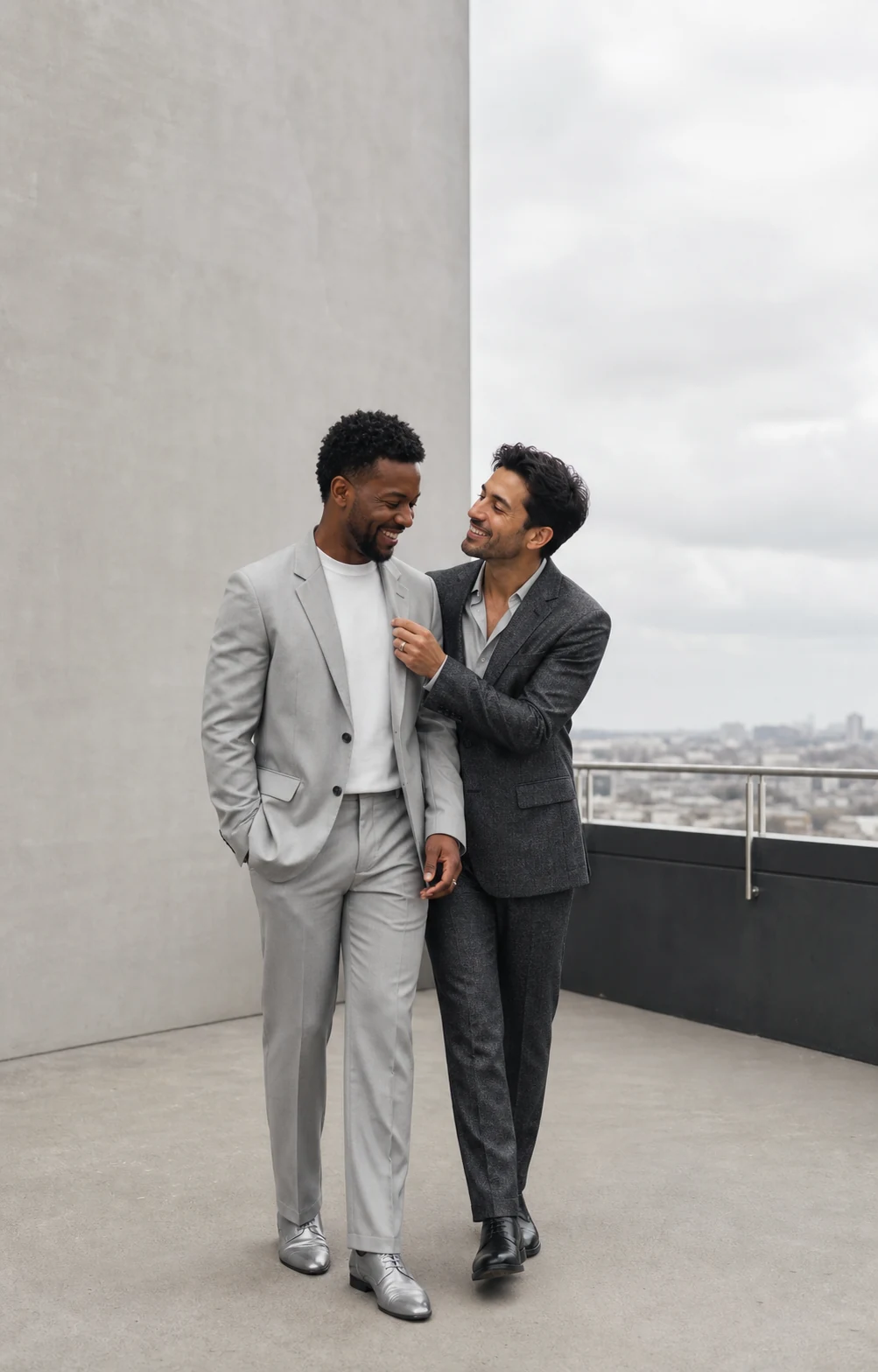 Pareja de dos hombres caminando junta por una terraza urbana de arquitectura minimalista