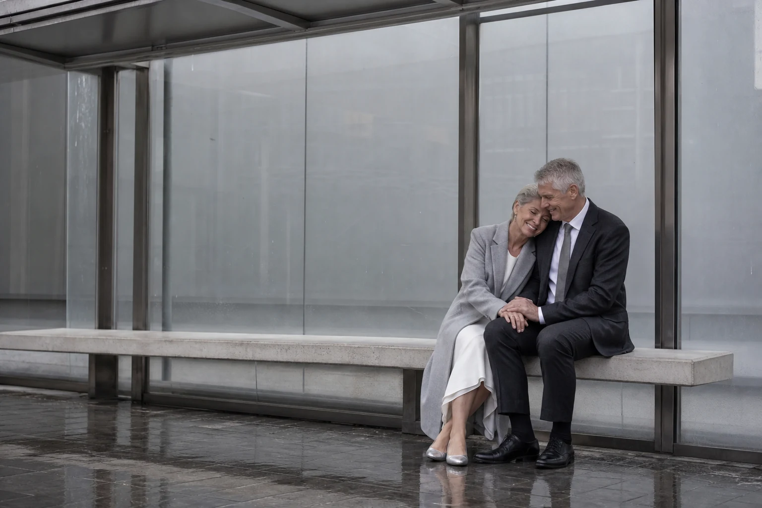 Pareja mayor compartiendo un momento de cercanía en un espacio urbano de tonos grises
