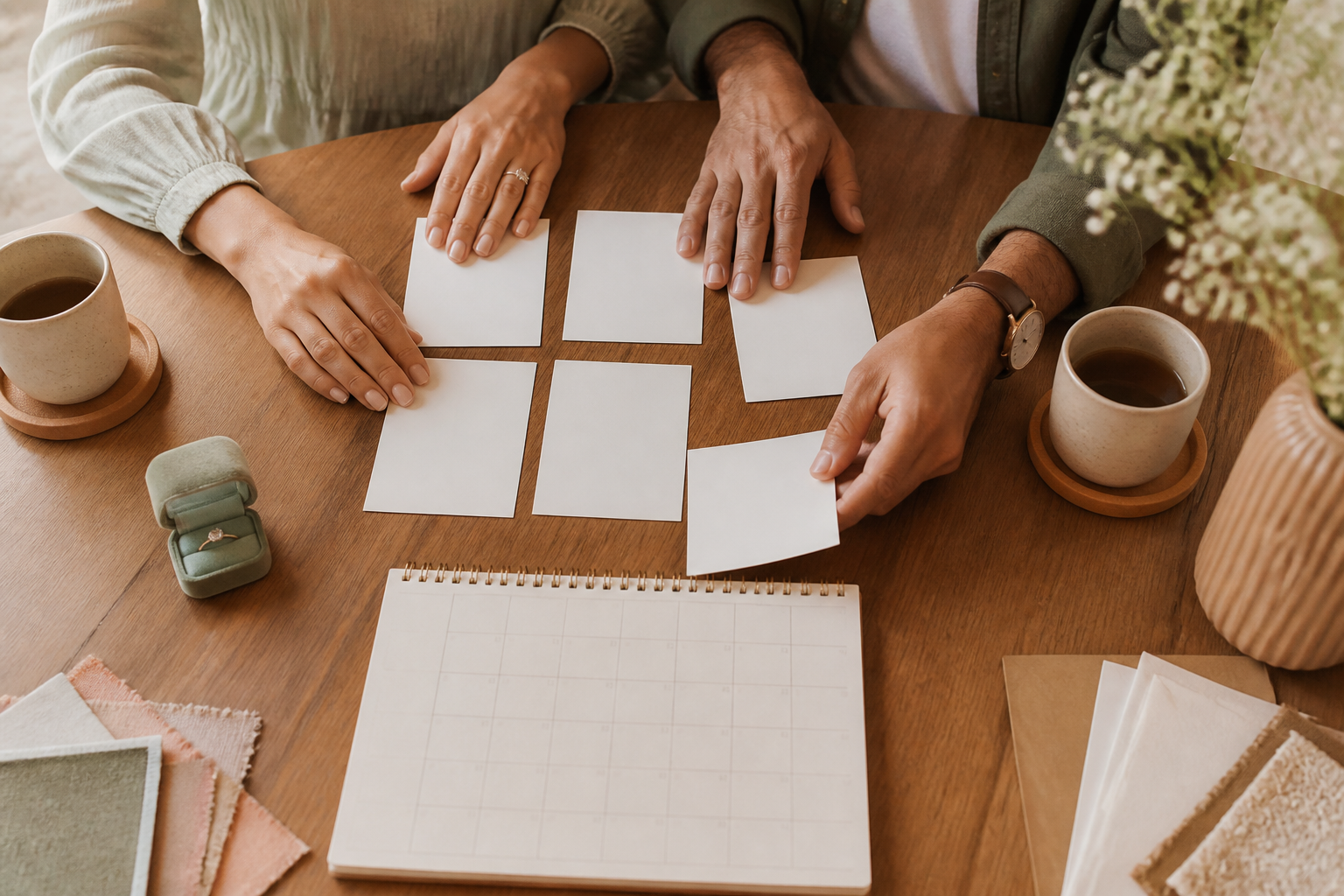 Pareja organiza prioridades de su boda con tarjetas y calendario sobre una mesa