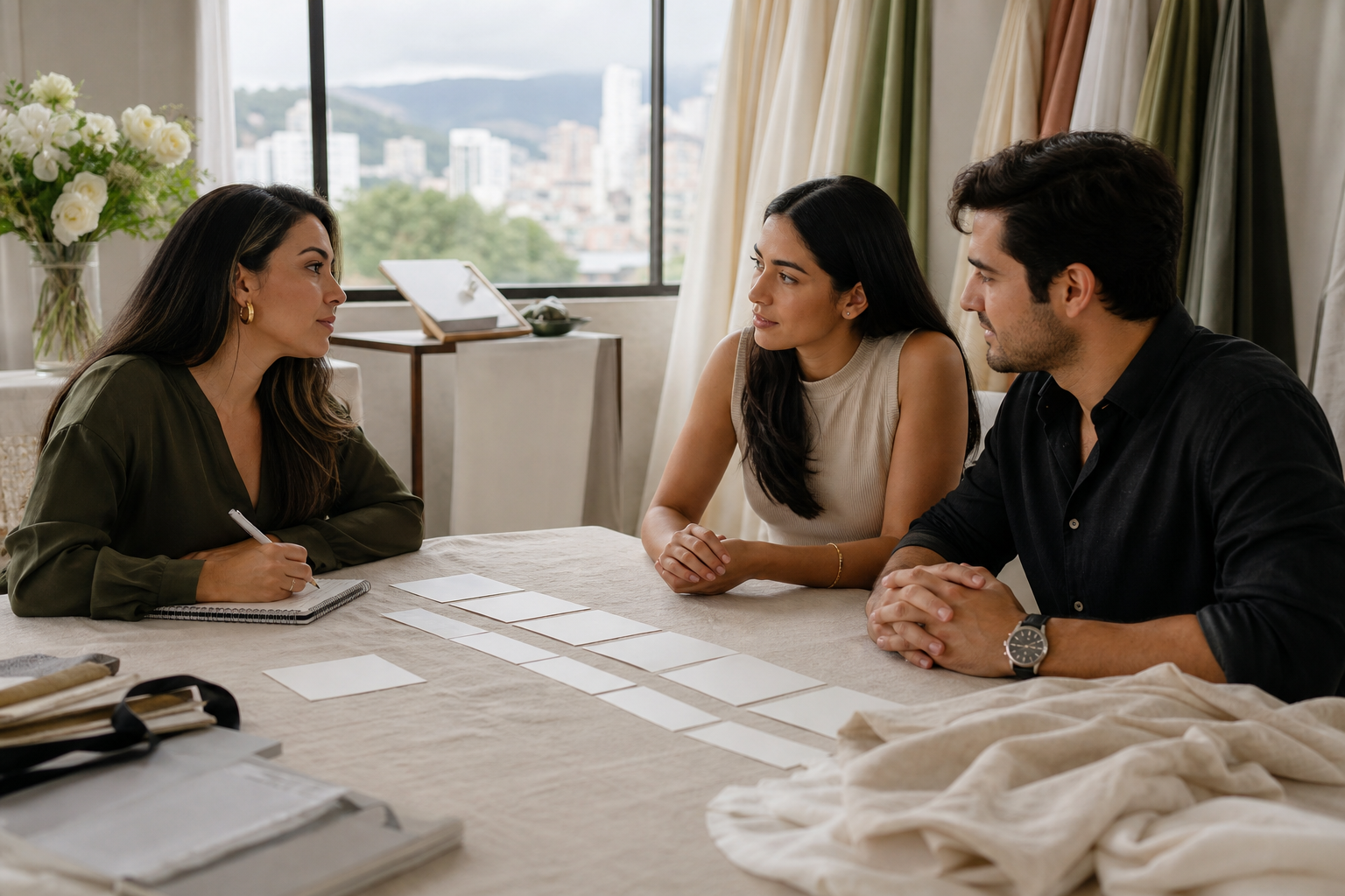 Wedding planner escucha a una pareja durante una conversación de planeación