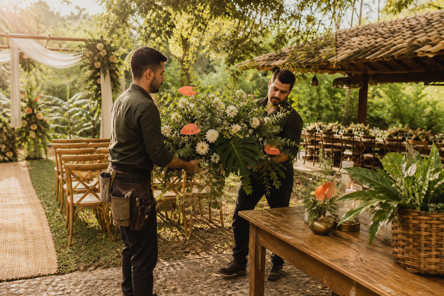 Decoradores trasladan un arreglo floral de la ceremonia hacia la recepción