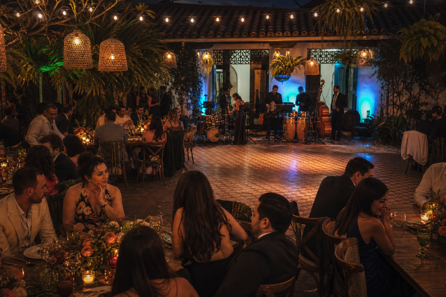 Invitados conversan durante una pausa musical antes de abrir la pista de baile