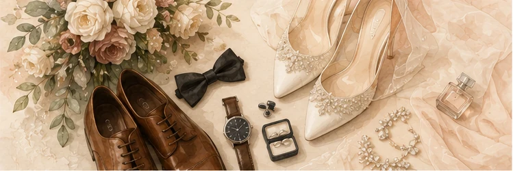 Detalle visual de vestuario y accesorios para la boda — ¿comprar, alquilar o hacer a medida el vestuario de boda?