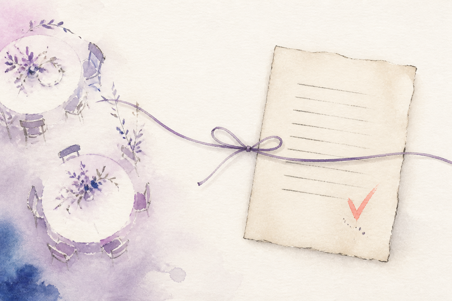 Plano de mesas y lista de cierre unidos por una cinta violeta y un check coral.