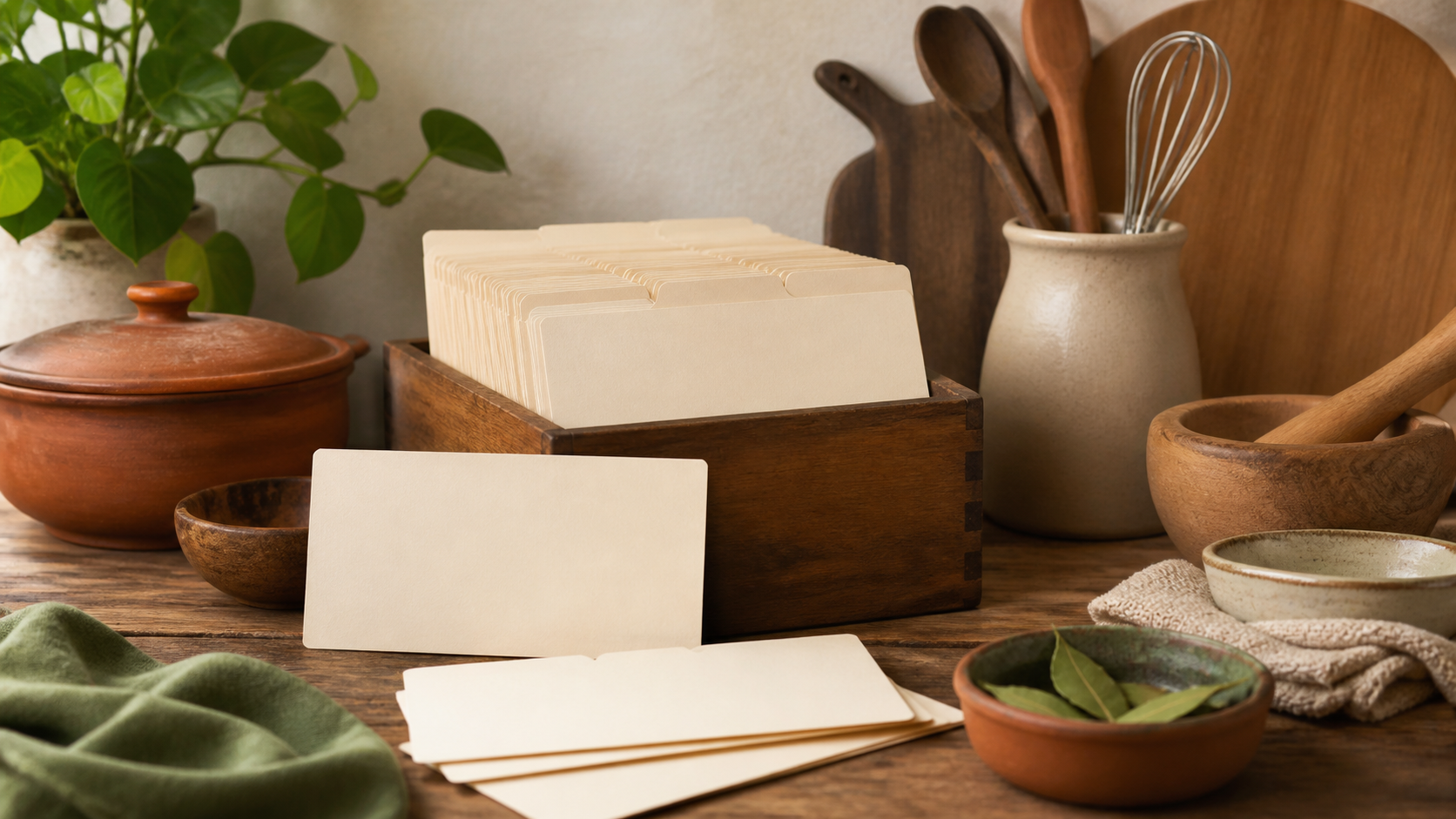 Tarjetas de archivo y utensilios genéricos representan la documentación territorial de una receta colombiana.