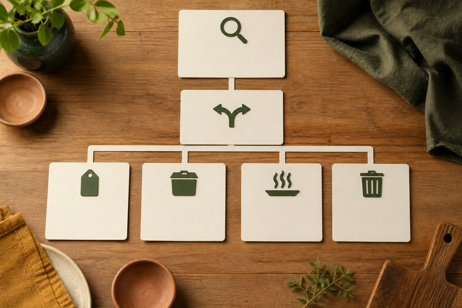 Tarjetas en blanco ordenan la decisión de identificar, separar, etiquetar, conservar, recalentar o descartar.