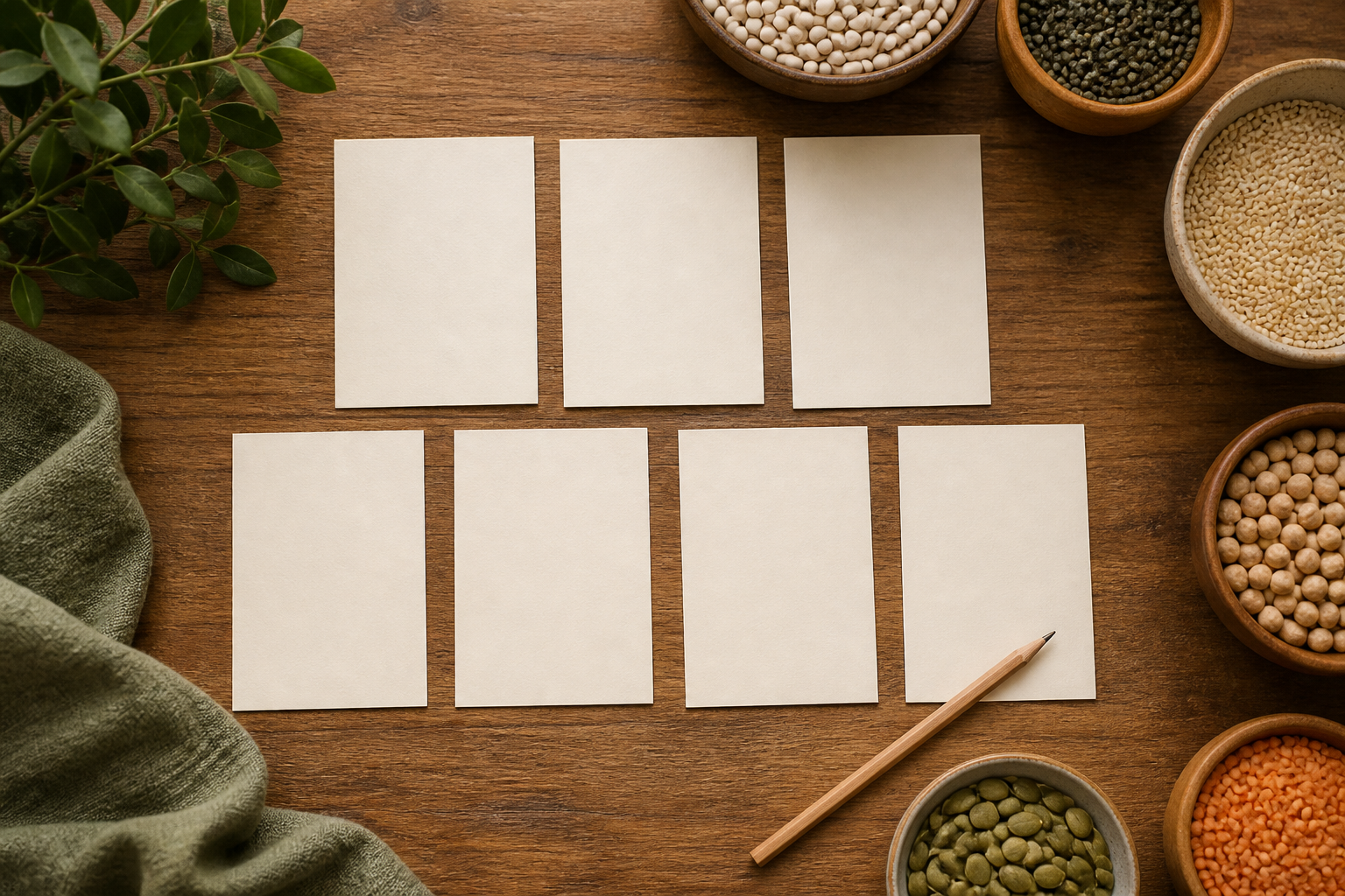Siete tarjetas en blanco y varios ingredientes genéricos representan la planificación flexible del mercado semanal.