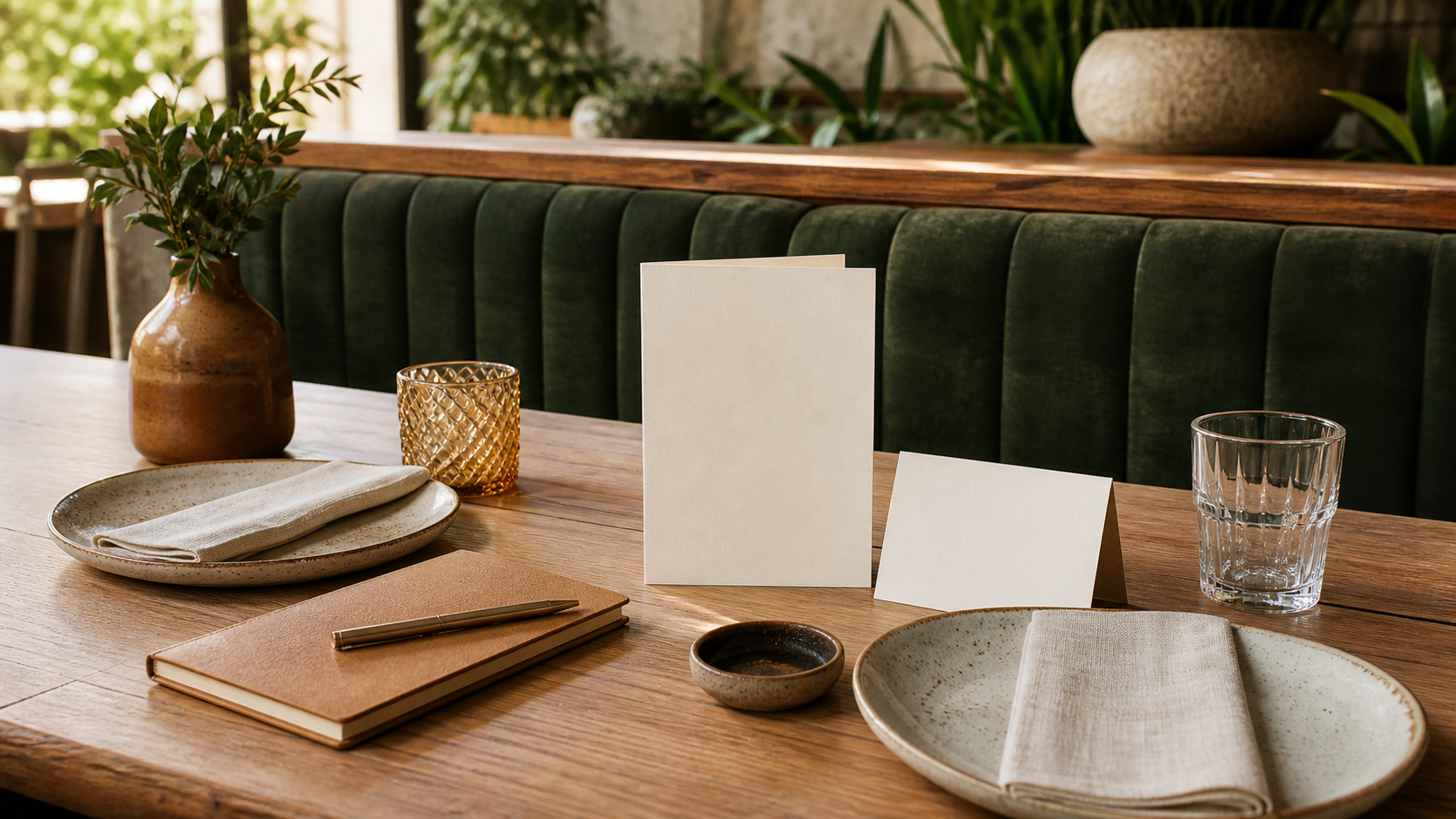 Una mesa de evaluación anónima reúne menú en blanco, vajilla neutra y cuaderno sin mostrar ningún restaurante real.