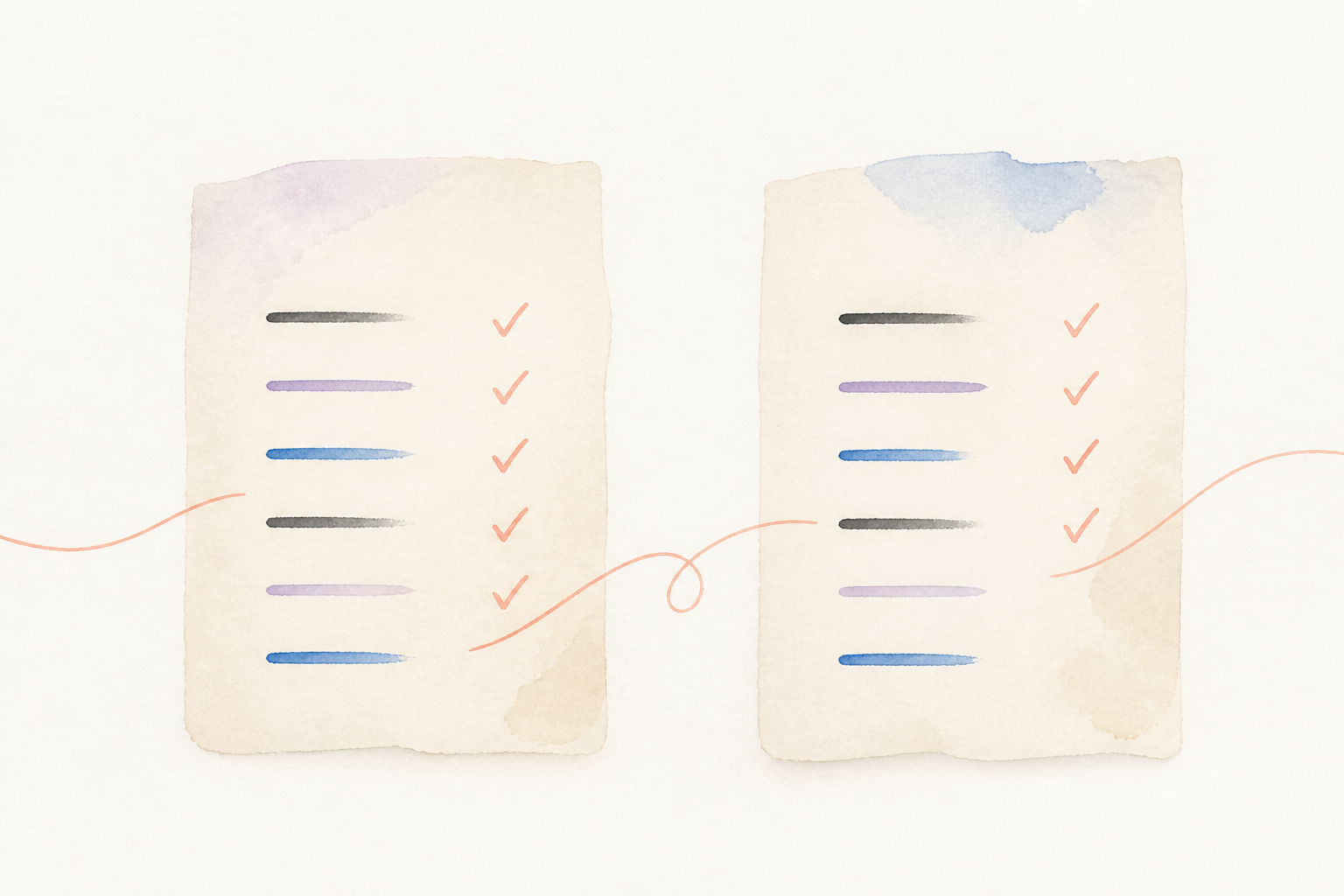 Dos hojas con criterios abstractos y checks se comparan mediante una línea enlazada.
