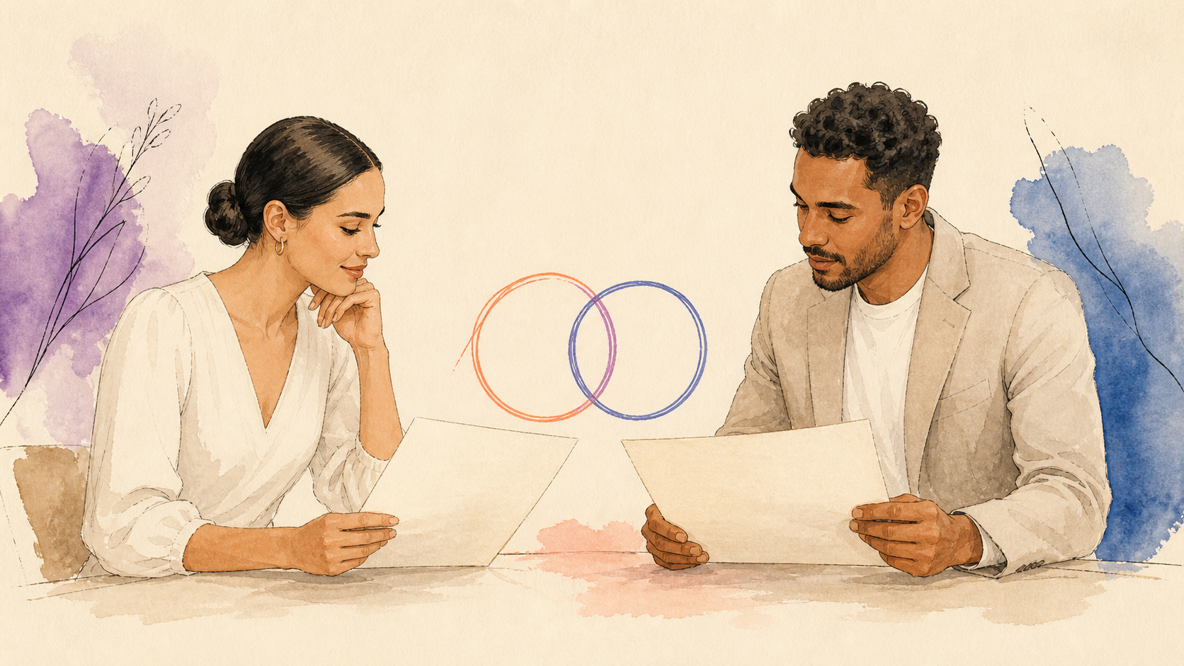 Pareja compara dos propuestas conectadas visualmente por anillos abstractos.