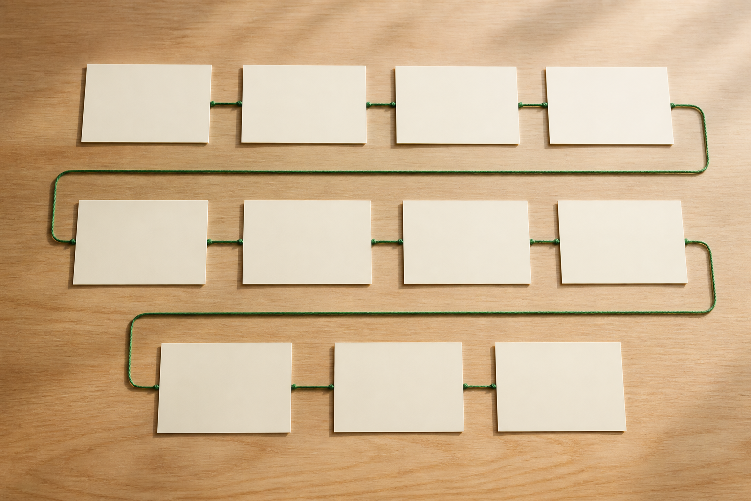 Once tarjetas en blanco conectadas en tres filas representan el orden de las decisiones para organizar el matrimonio.