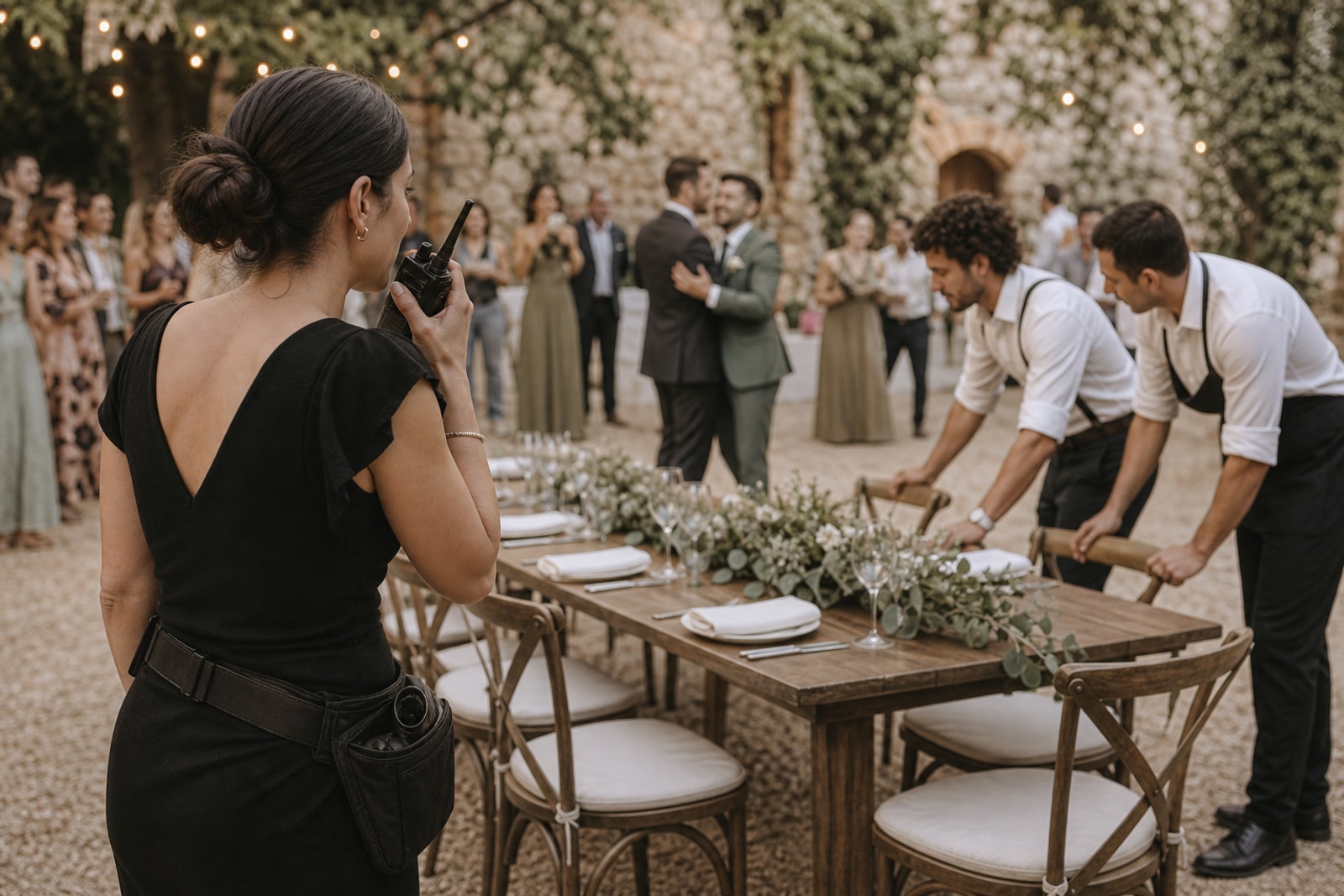 Una wedding planner coordina por radio mientras la pareja baila y el equipo trabaja al fondo.