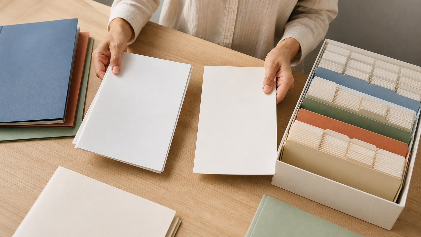 Manos anónimas comparan dos carpetas en blanco junto a un archivo ordenado por colores.