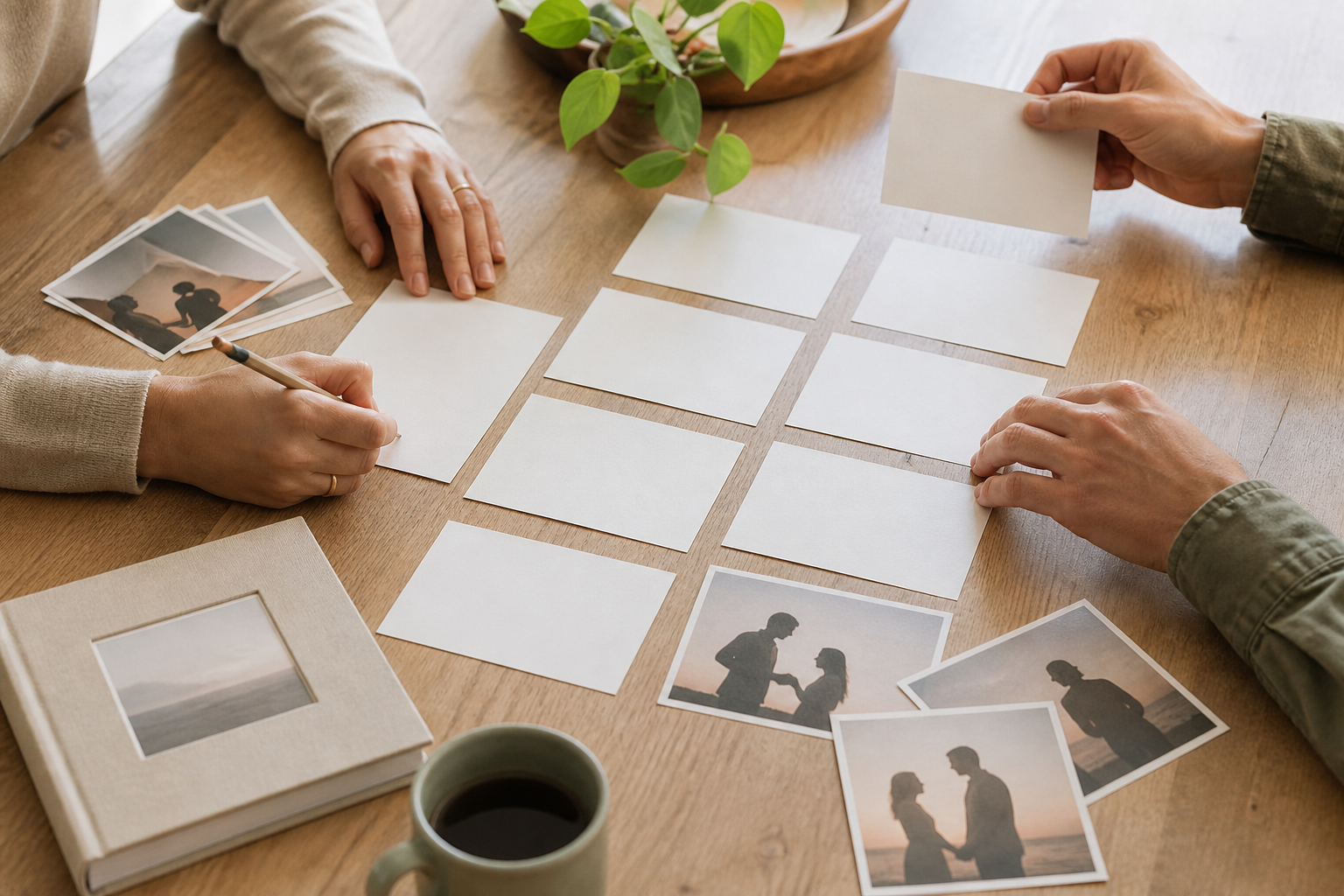 Cámara, tarjetas de memoria y cronograma preparados para una cobertura de boda