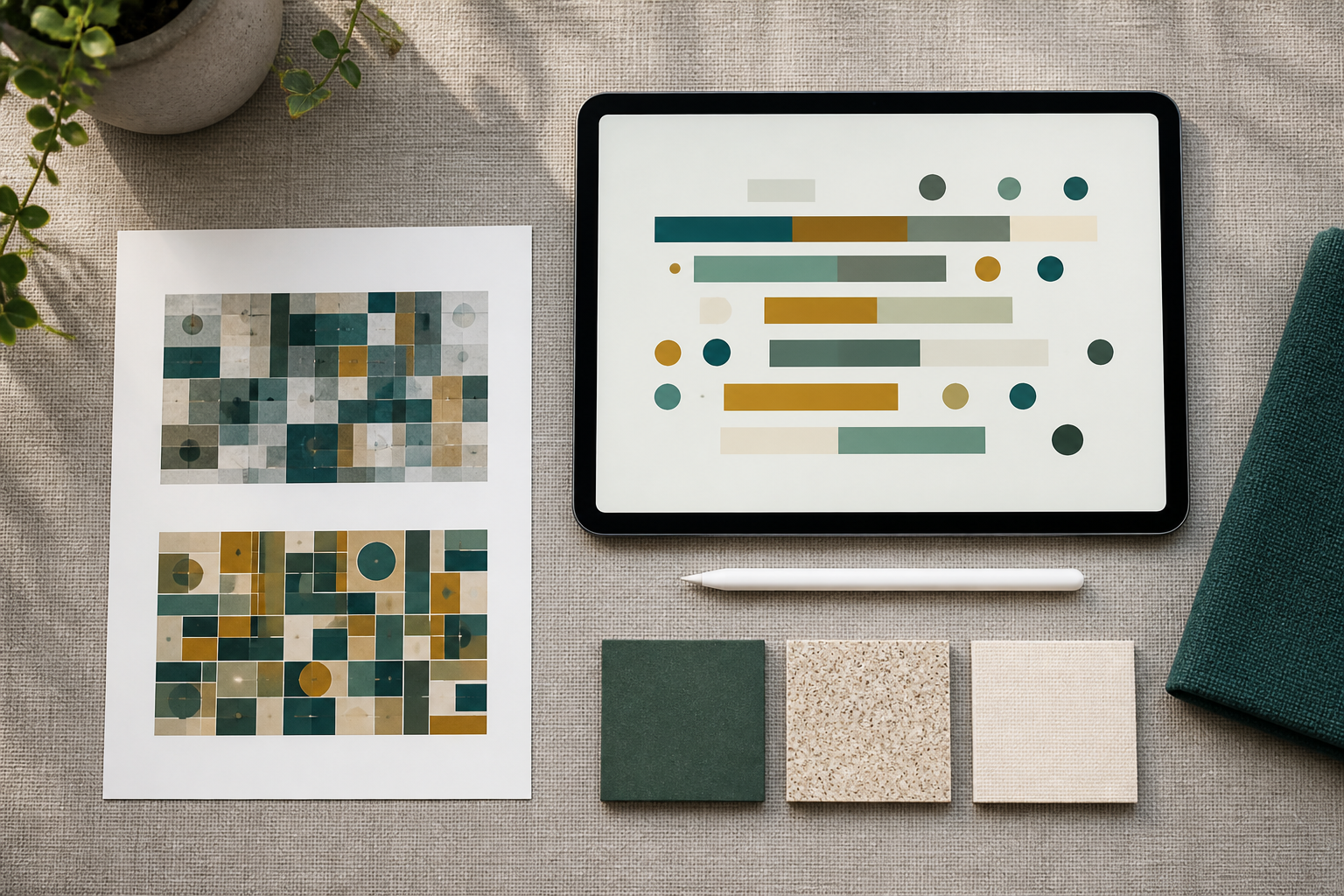 Una tableta con gráficos abstractos y dos patrones impresos componen una muestra práctica sin marcas ni texto.
