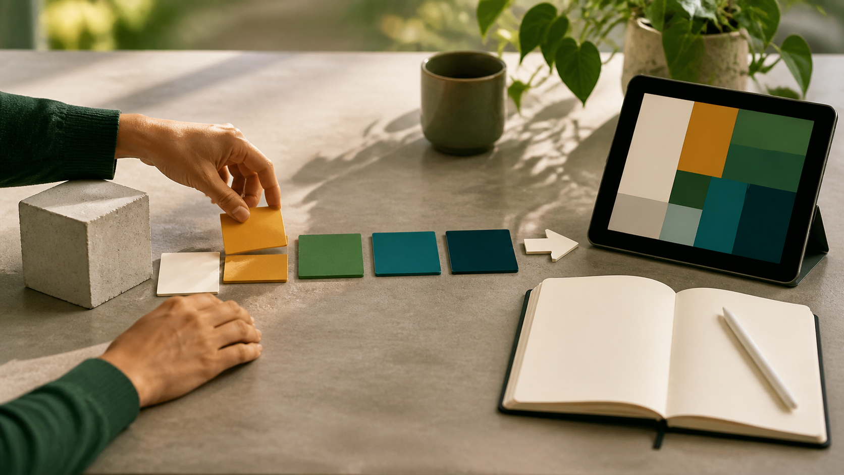 Manos anónimas ordenan módulos de colores que conducen hacia una muestra visual abstracta en una tableta.