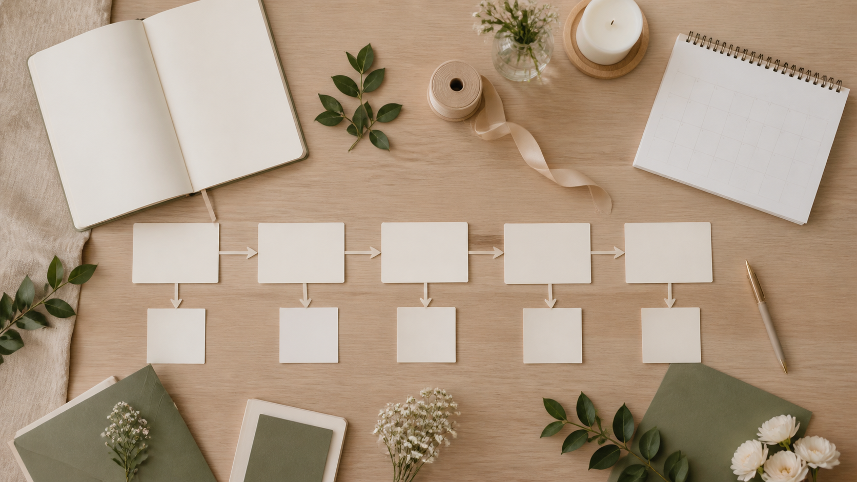 Mesa de planificación con cuaderno, calendario y tarjetas en secuencia para ordenar las decisiones de un matrimonio.