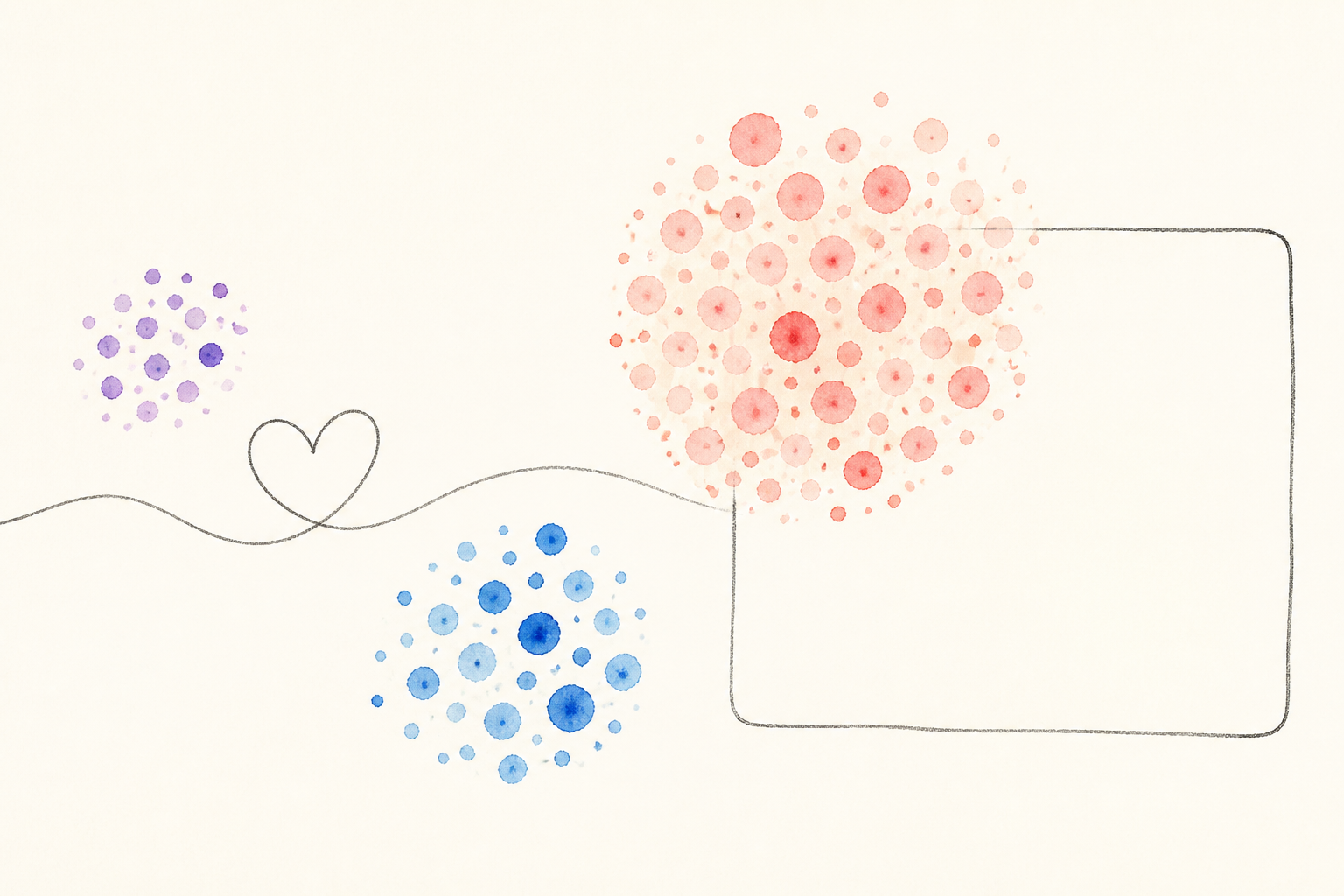 Tres grupos de puntos se conectan con un corazón y la forma abstracta de un espacio.