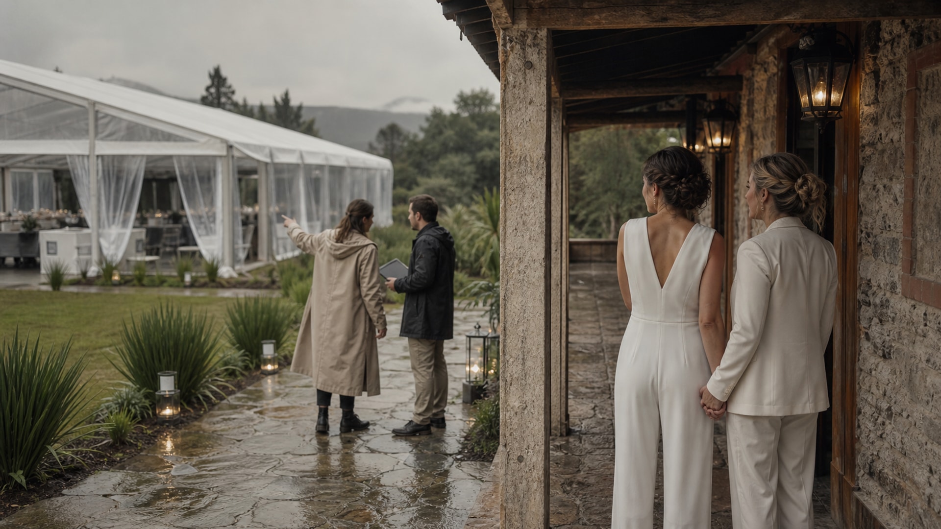 Bajo la lluvia, una wedding planner comprueba el acceso a una carpa mientras la pareja espera protegida.