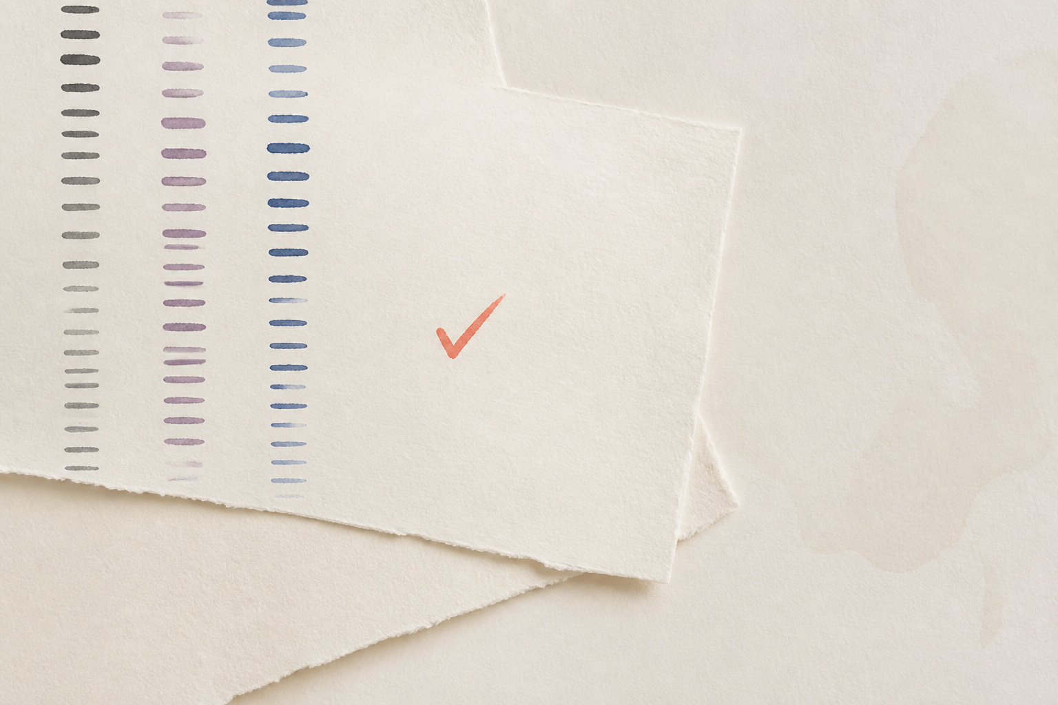 Hojas marfil con columnas abstractas y un check coral para ordenar el presupuesto.