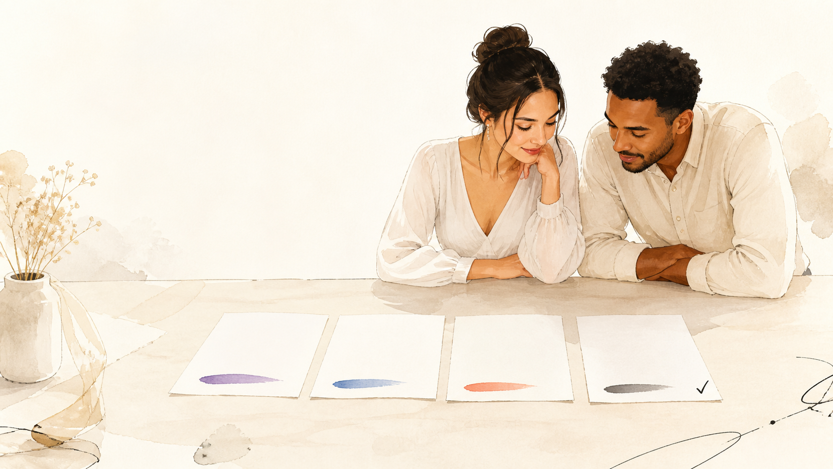 Pareja revisa cuatro hojas marfil que representan estados distintos del presupuesto.