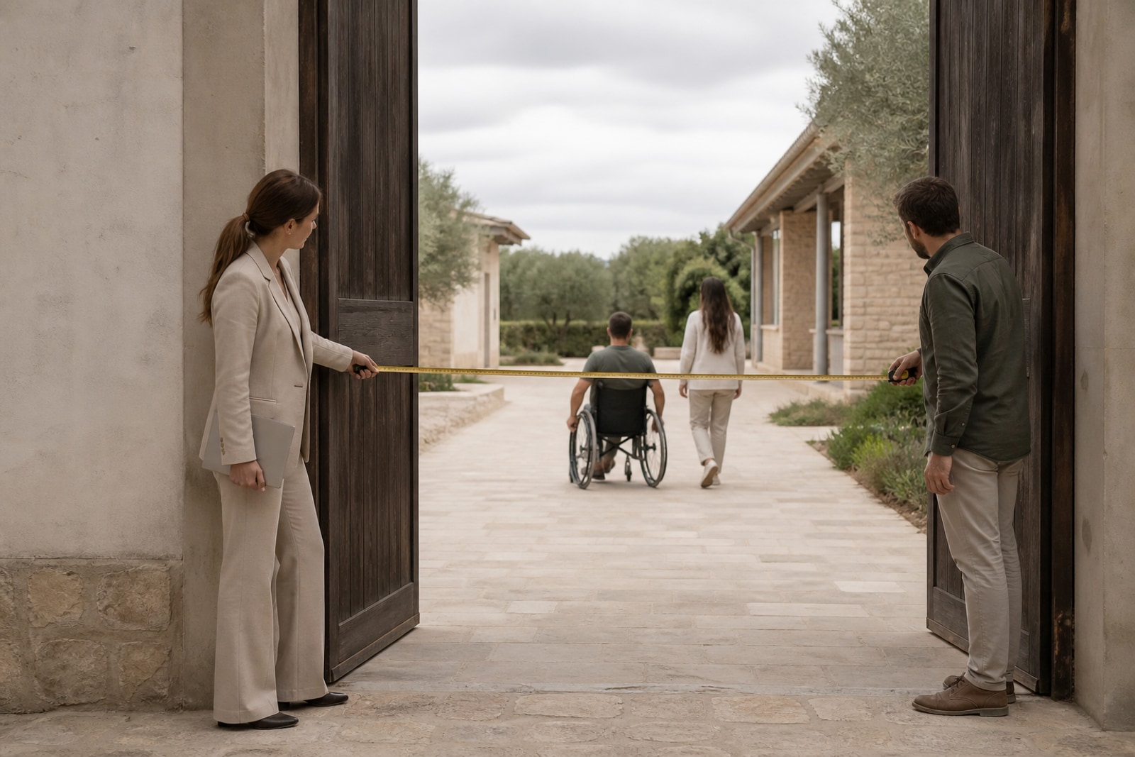 Una wedding planner y el coordinador del lugar miden una puerta durante la visita técnica.