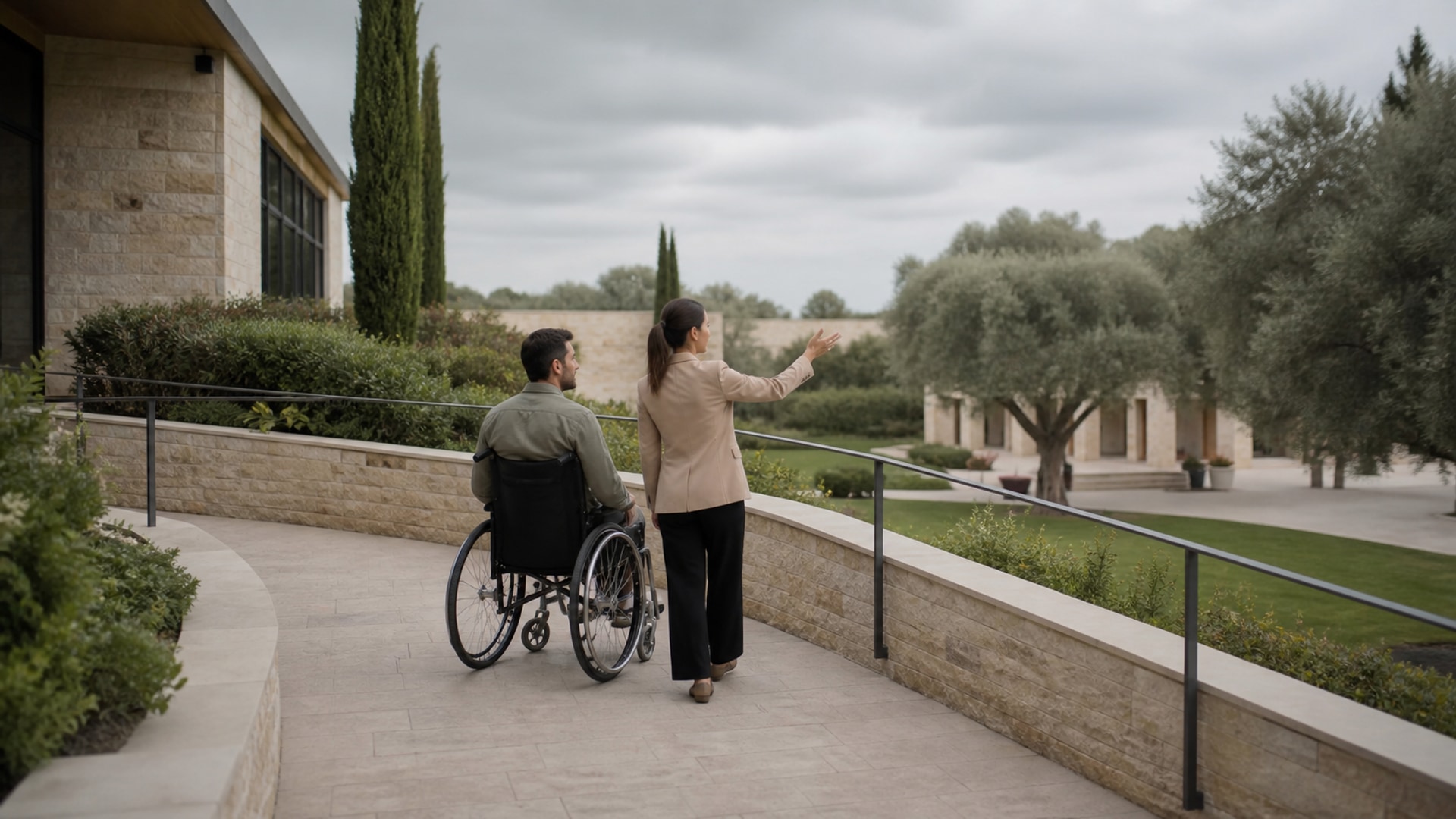 Una pareja y su wedding planner recorren la entrada accesible de una finca campestre.