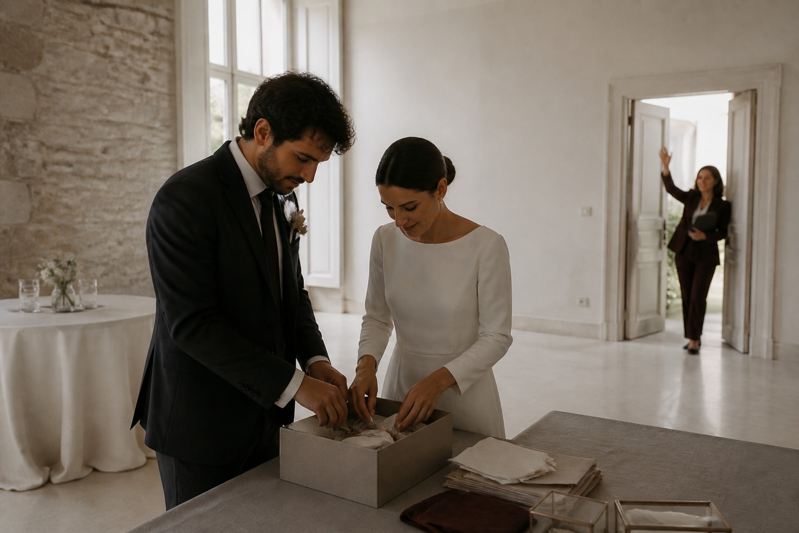 Una pareja guarda recuerdos en una caja mientras la wedding planner se despide desde la puerta.