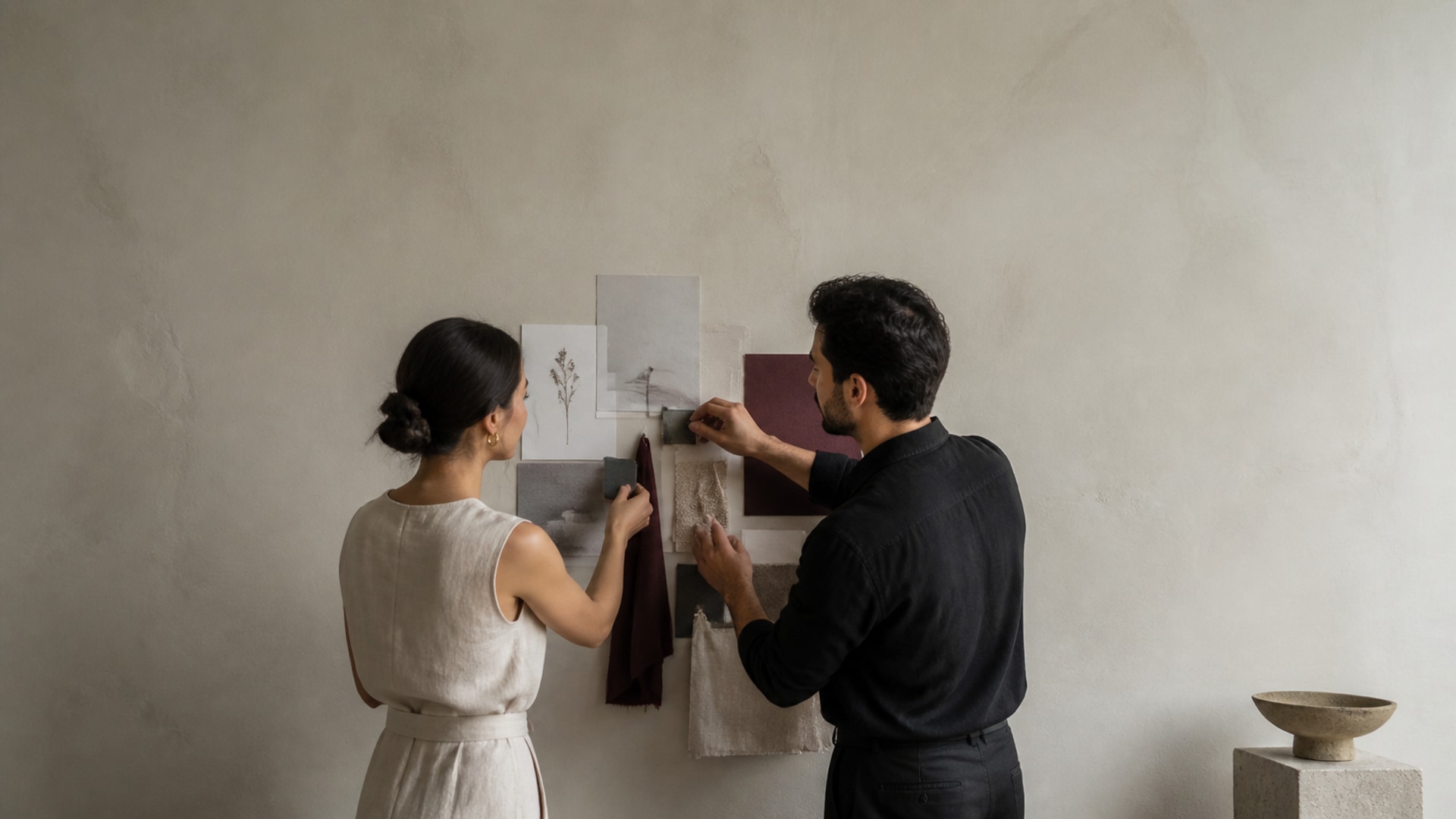 Una pareja organiza referencias, telas y colores en un muro para definir una dirección visual propia.