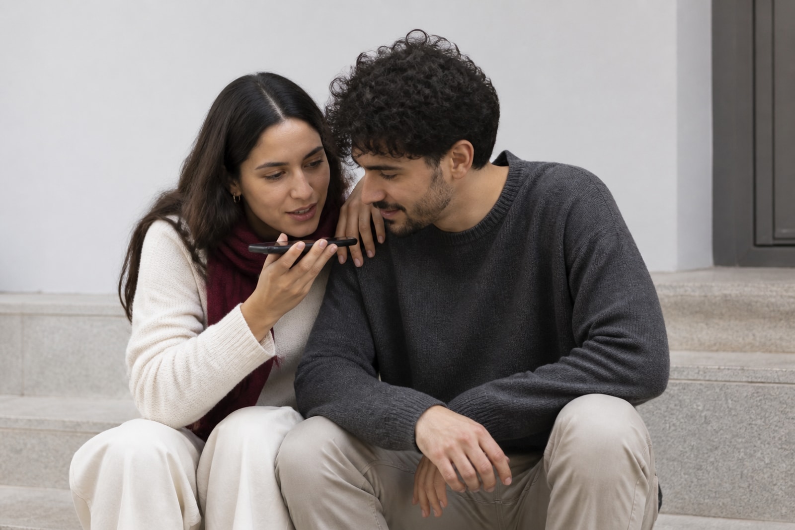 Una pareja prepara junta un mensaje de voz sentada en los escalones de una casa.