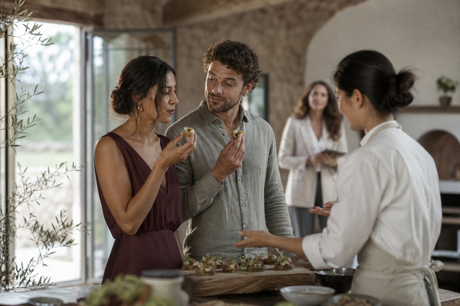 Una pareja prueba un bocado preparado por una chef antes de compartir su opinión.
