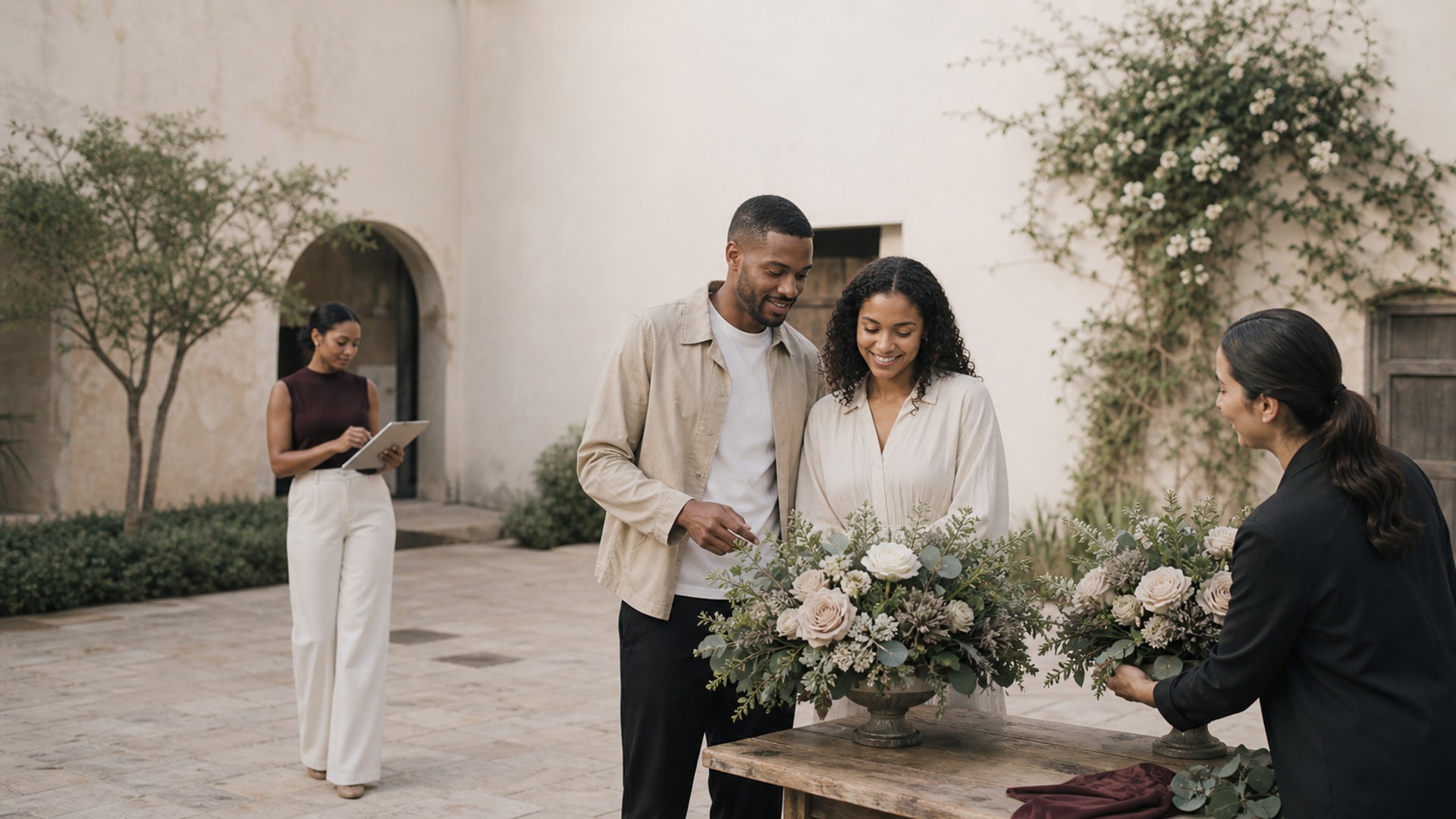 Una pareja participa en una prueba floral campestre mientras su wedding planner registra la decisión.