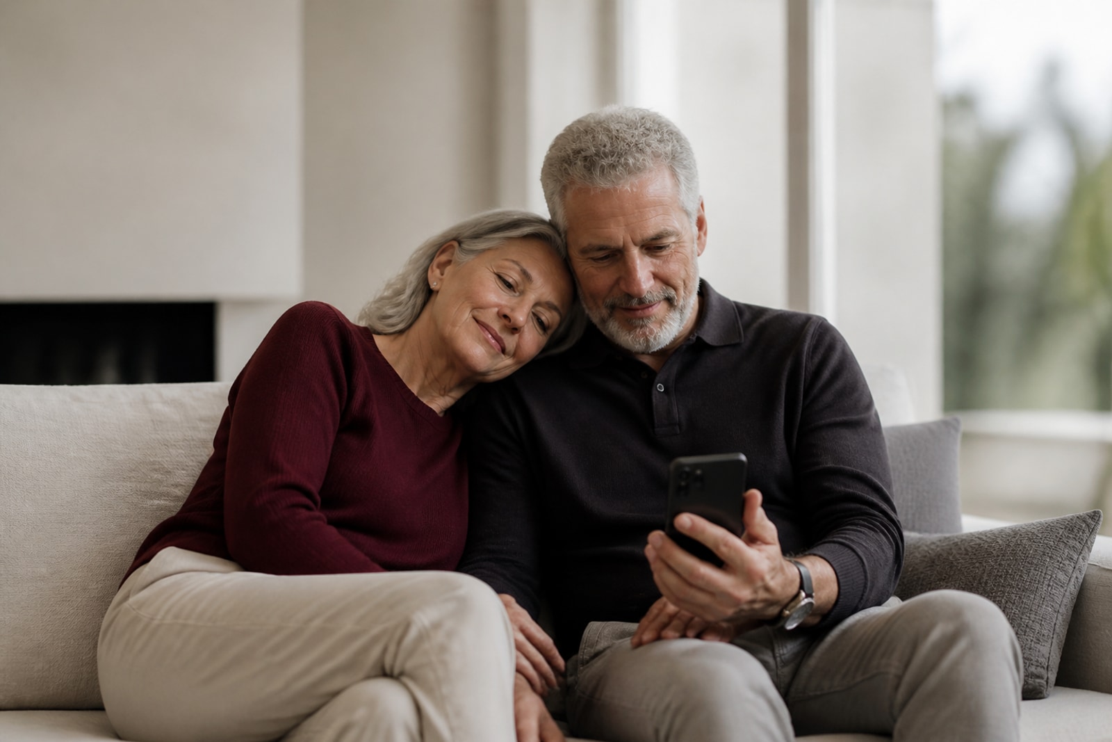 Una pareja mayor lee junta una actualización en el teléfono y descansa con tranquilidad.