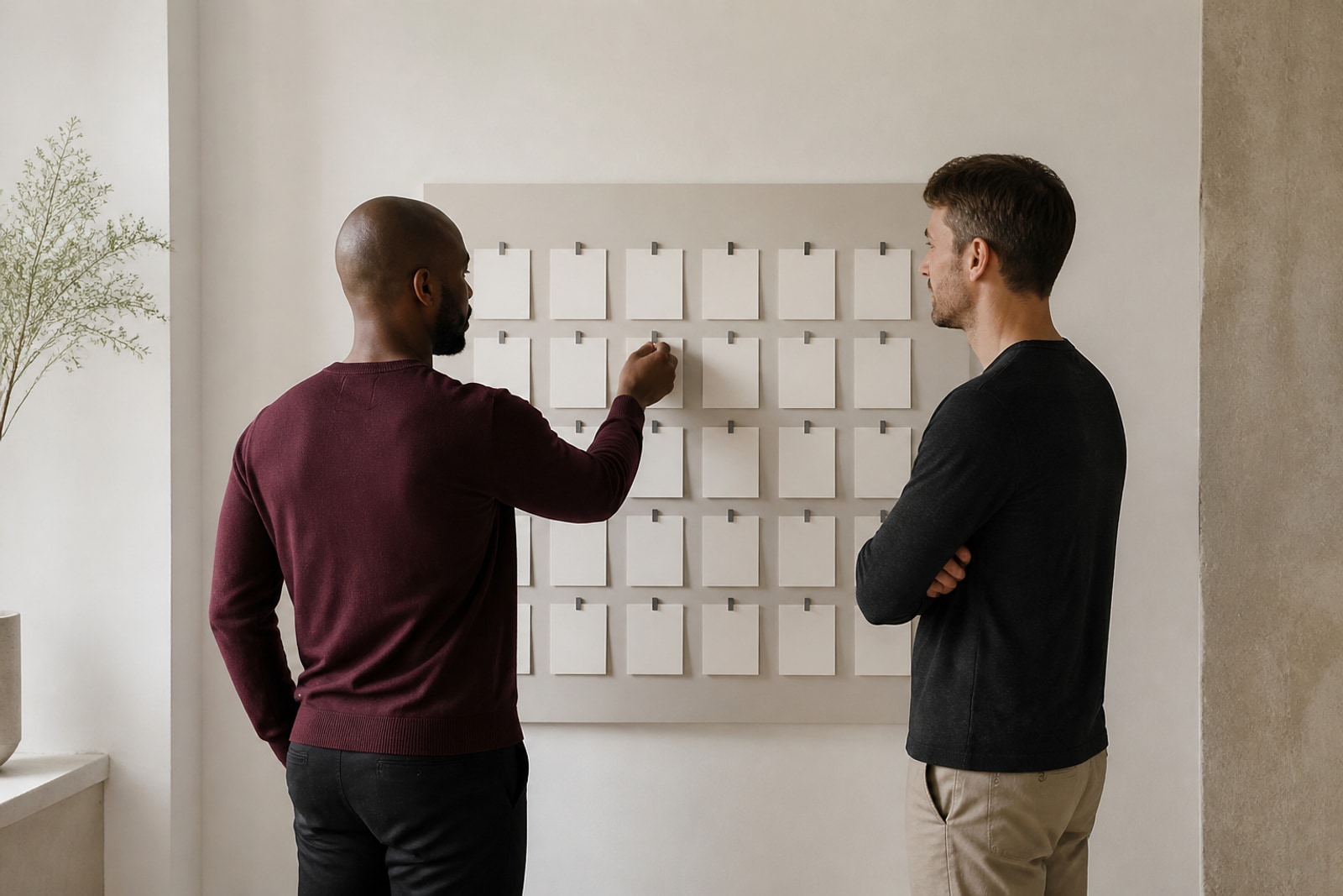 Dos hombres mueven una tarjeta en un calendario mural para identificar el siguiente paso.