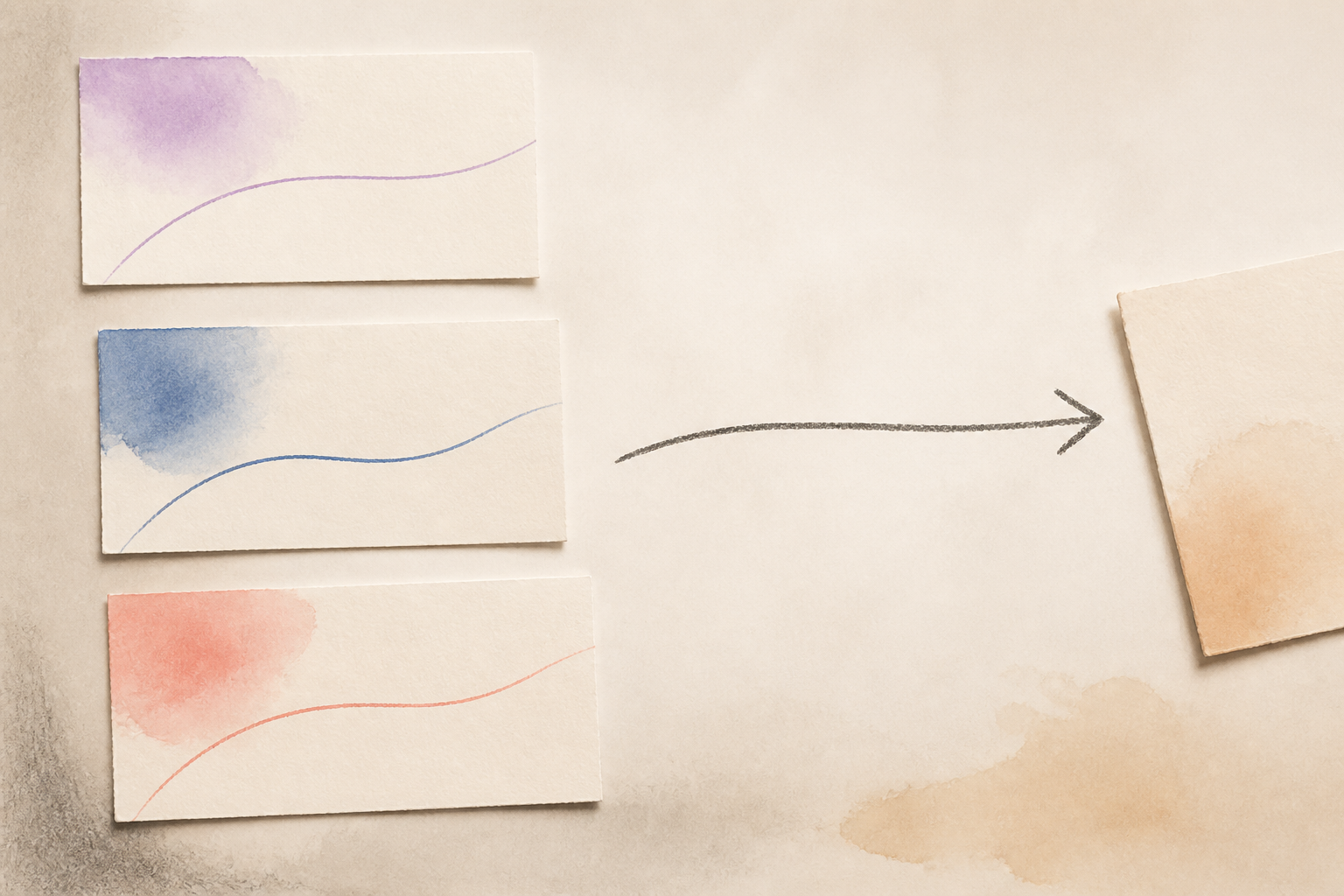 Tres tarjetas con trazos de color conducen mediante una flecha a la siguiente decisión.