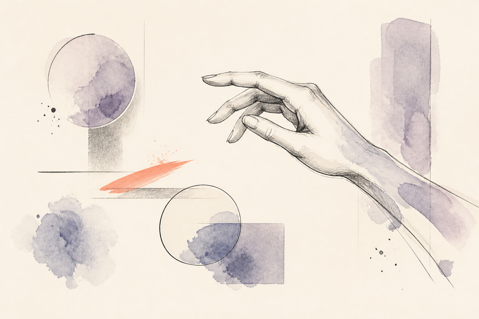 Mano ilustrada explora muestras geométricas y formas circulares sin marcas.