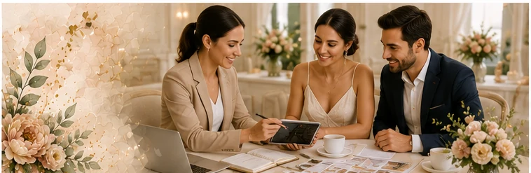 Pareja revisando la planeación de su boda con una wedding planner
