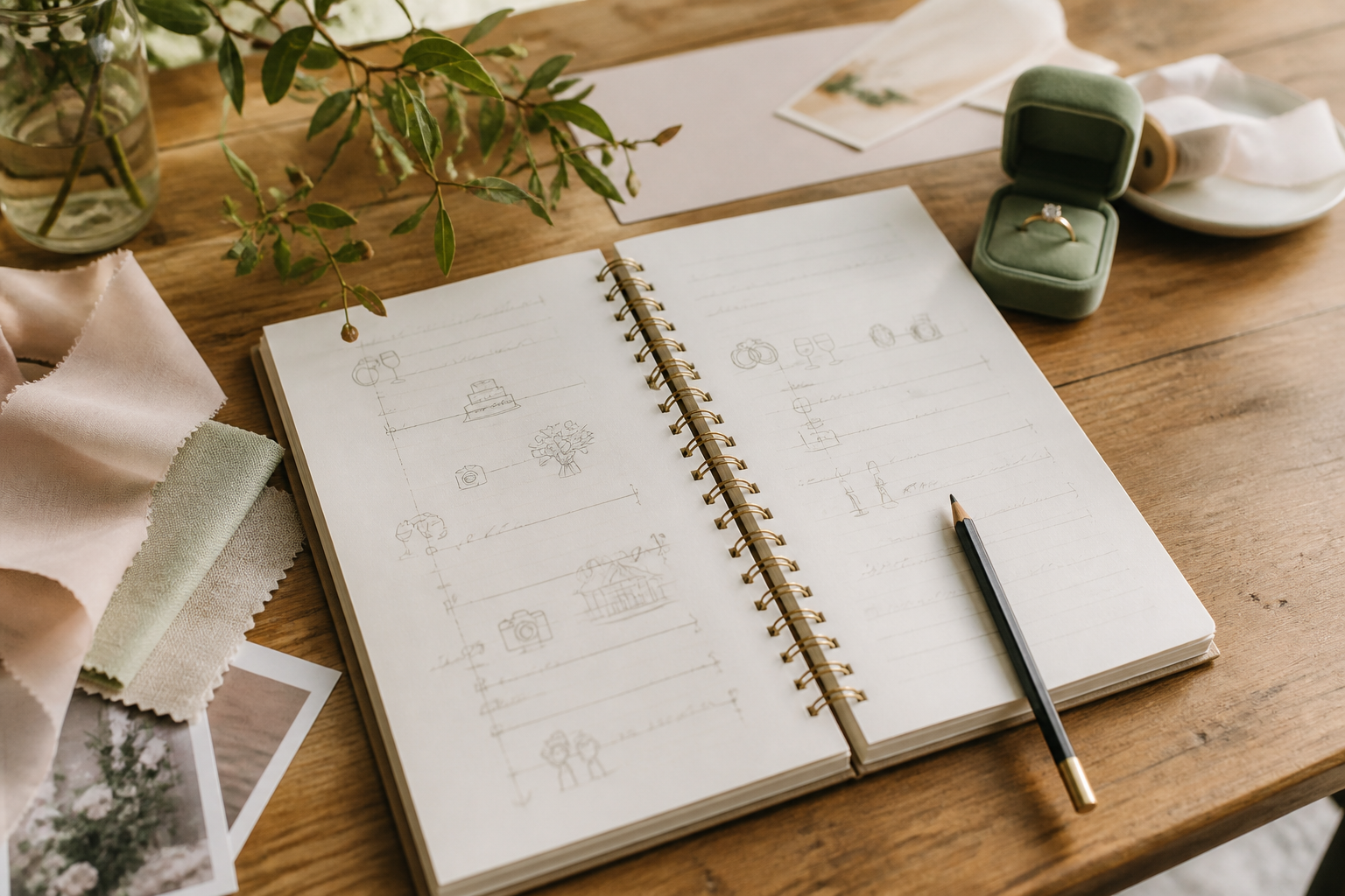 Cuaderno de planificación de boda con calendario y materiales de trabajo sobre una mesa