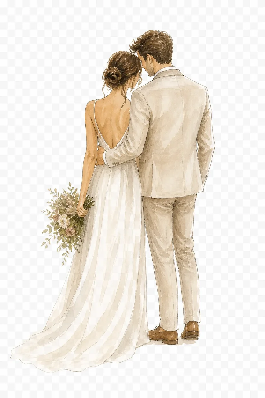 Pareja ilustrada que organiza su boda con una lista de decisiones compartidas
