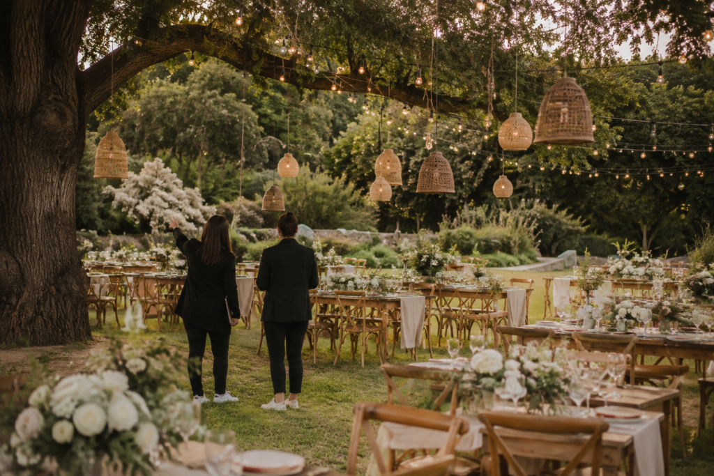 Dos coordinadores vistos de espaldas revisan el montaje de mesas, flores e iluminación en una recepción de jardín.