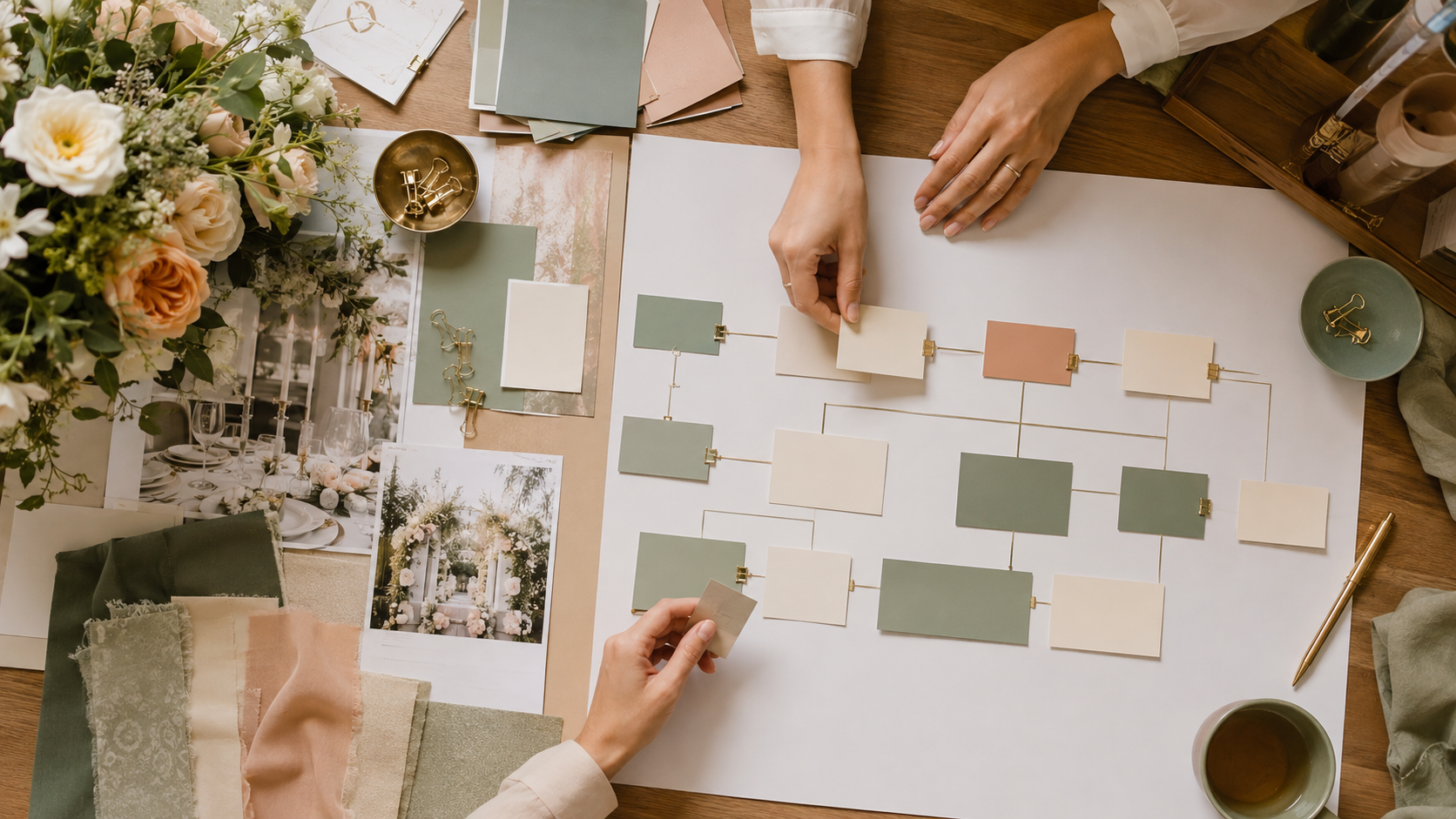 Mesa de planeación combina flores, telas y fotografías con un diagrama de tarjetas en blanco para organizar una boda.