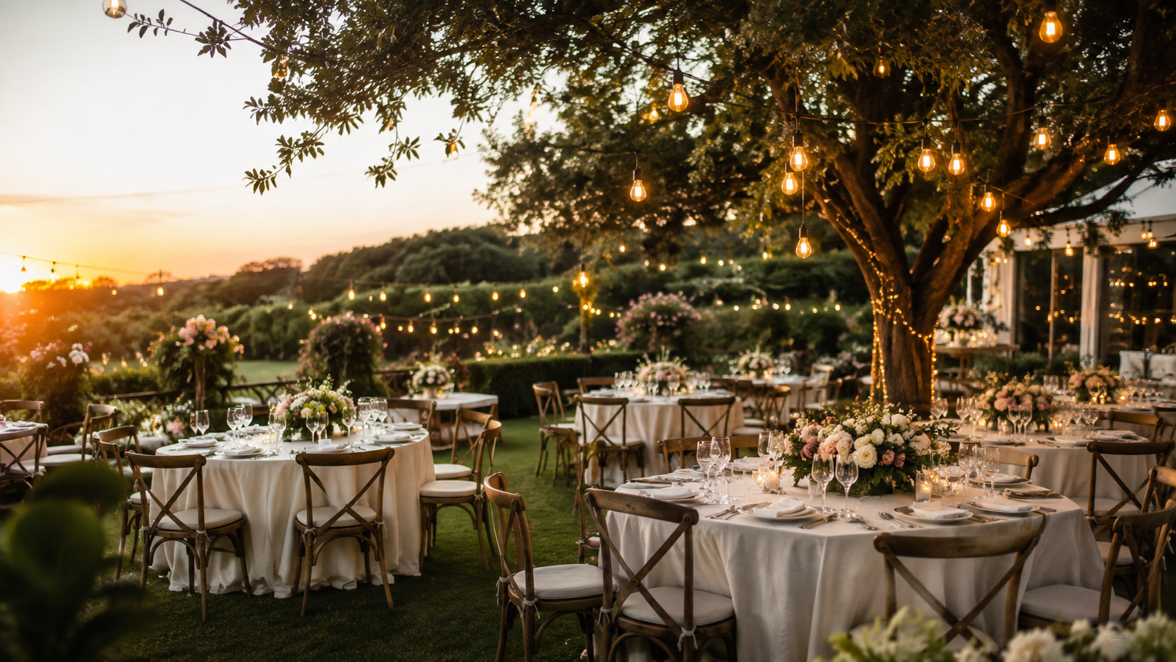 Recepción de boda en un jardín al atardecer con mesas, flores naturales y luces cálidas entre los árboles.