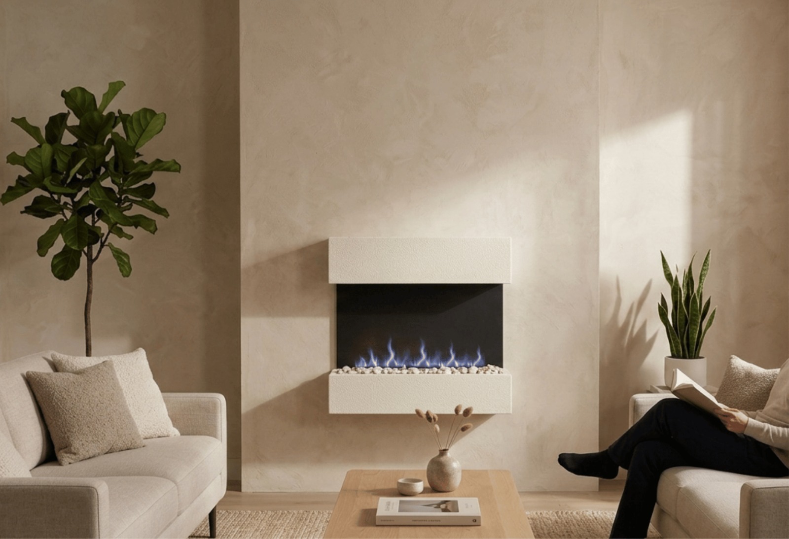 Chimenea blanca minimalista instalada en una sala de tonos neutros y luz natural.