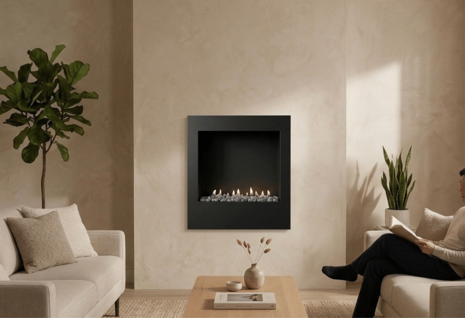 Chimenea negra minimalista integrada en una sala de tonos cálidos y neutros.