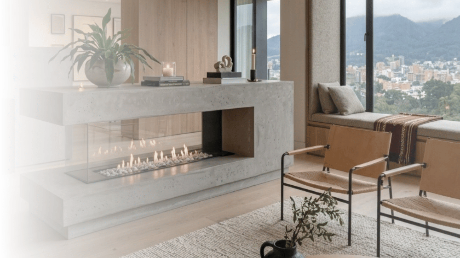 Chimenea lineal a gas integrada en una sala luminosa con vista urbana.