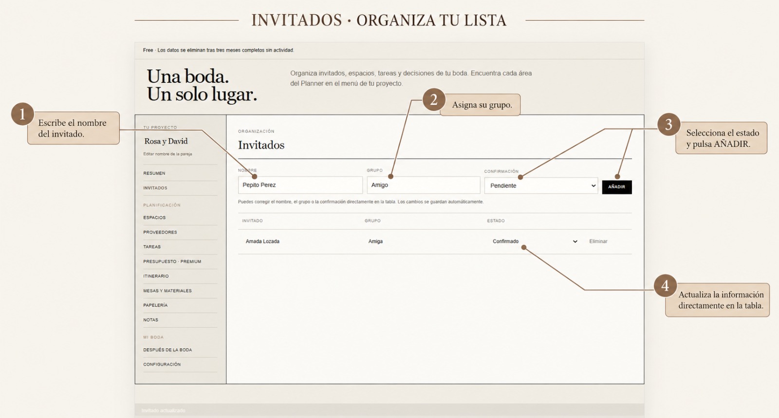 Vista del planner en herramienta de invitados