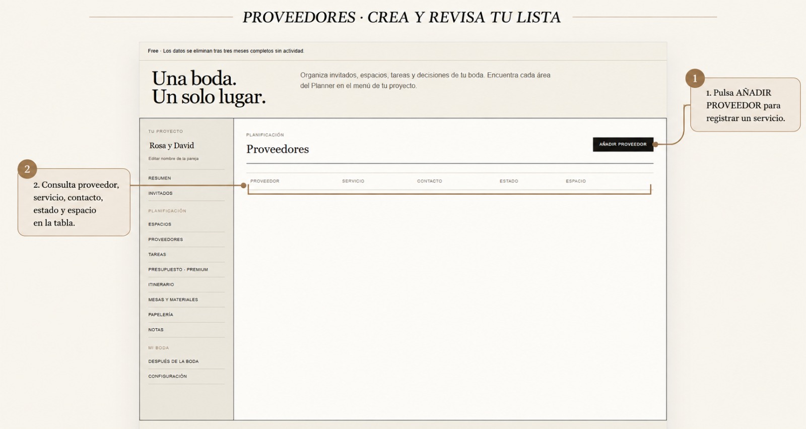 Vista del planner en herramienta de proveedor.