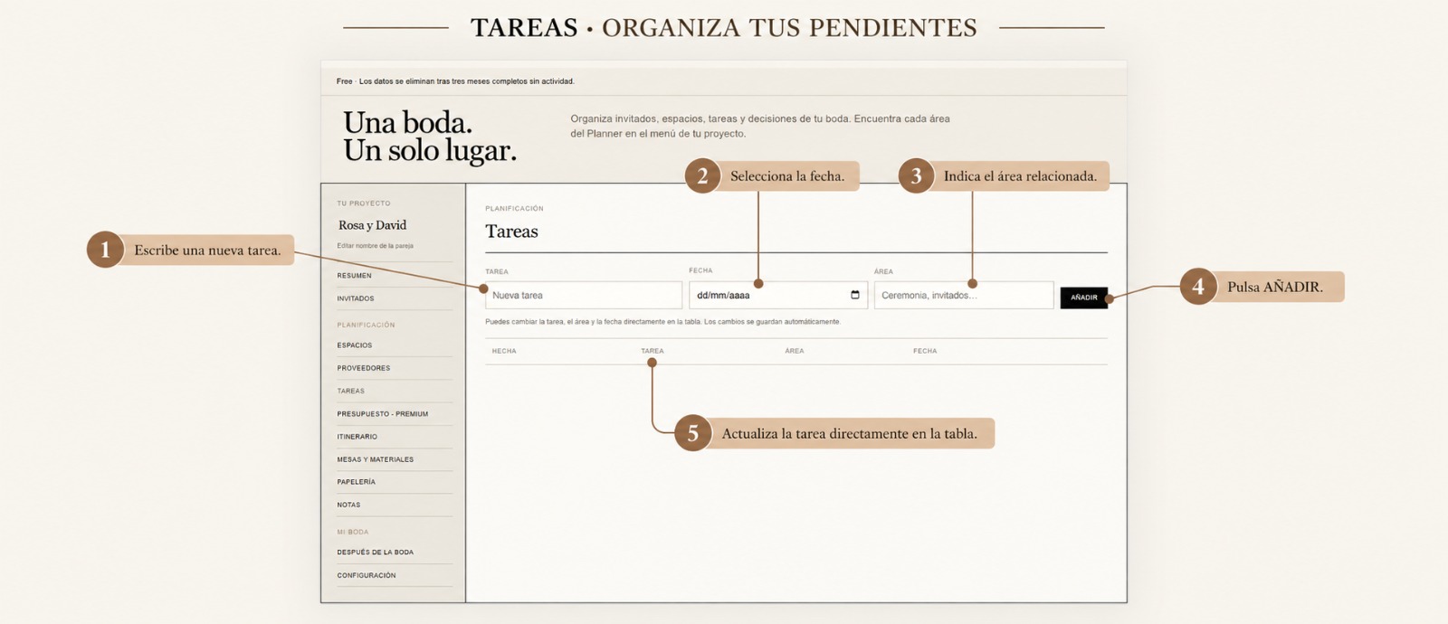 Vista del planner en la herramienta de tareas.