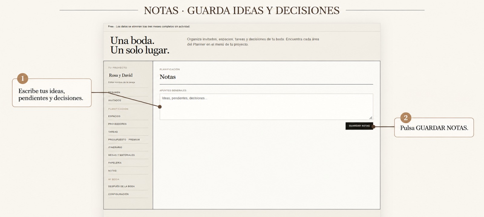 Pantalla de notas del planificador de bodas con indicaciones para escribir ideas, pendientes y decisiones, y pulsar el botón «Guardar notas».